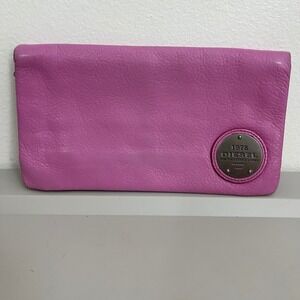 Diesel Organizer Wallet Womens Pink Leather Zip Around Clutch Y2K Moto Logo 1978